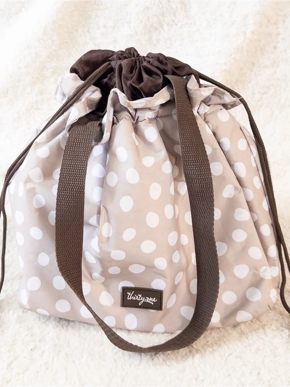 Thirty-One Brown & White Polka Dot Insulated Drawstring Lunch Tote Bag